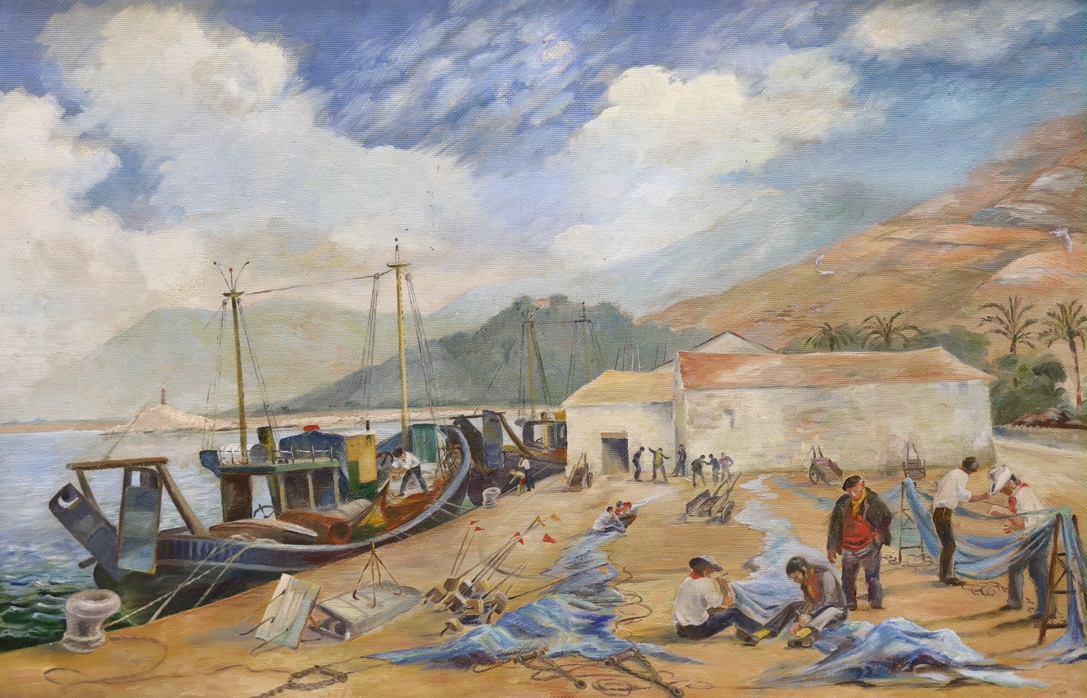 G.M. Southey-Hossbach, oil on board, 'Fishermen at their nets, Denia, Costa Blanca', signed, 49 x 74cm
